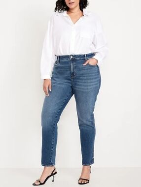 Old Navy Stone Washed Medium Dark Blue Straight Leg High Rise Jeans Size 18